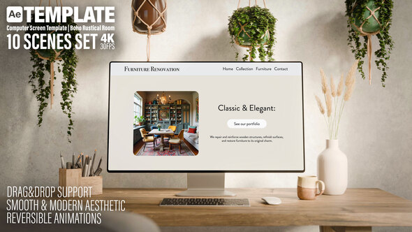 Photo of Computer Monitor Screen Replacement Template | Boho Rustical Room | 10 Scenes Set – Videohive 59514661